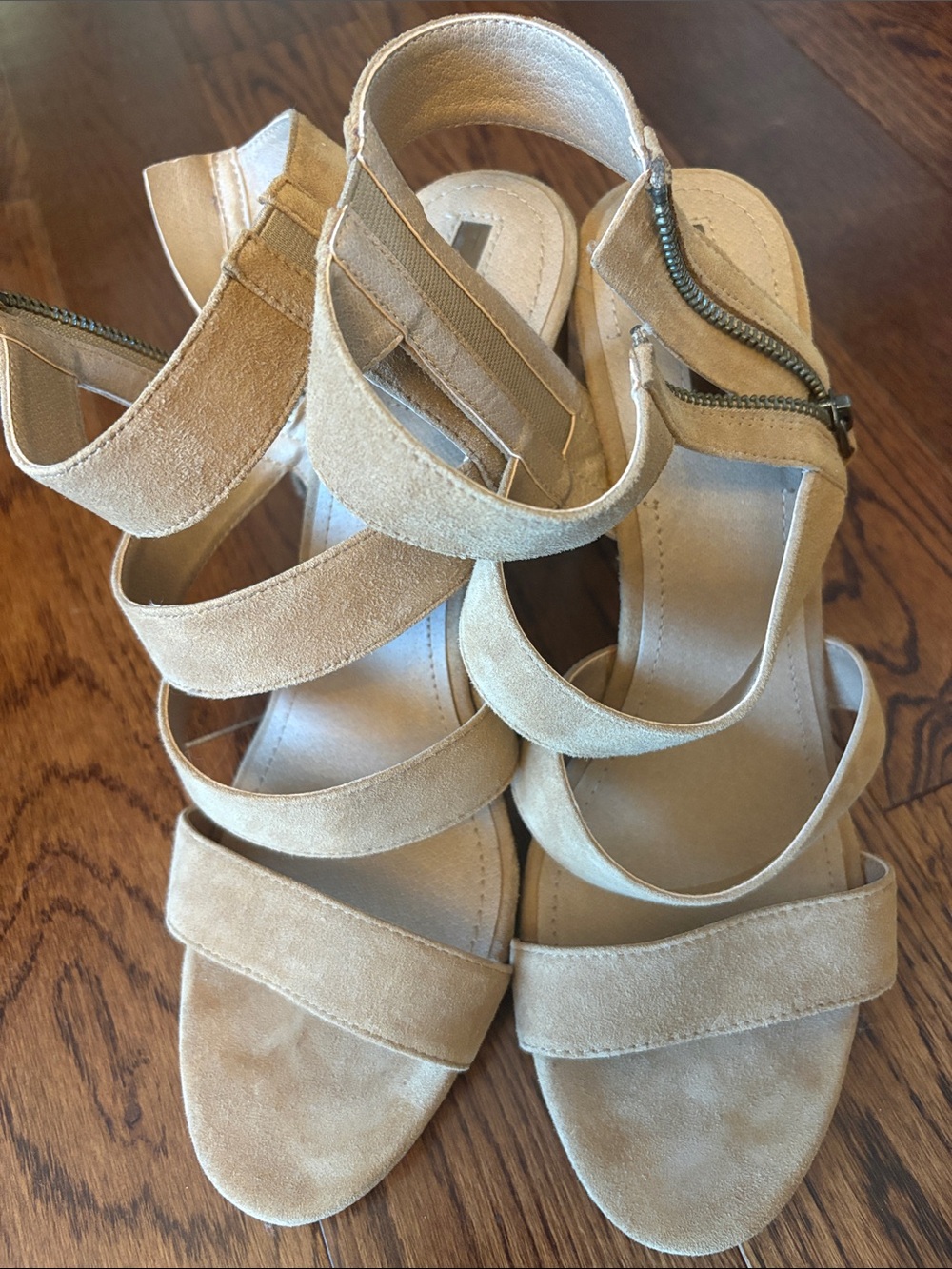 Tahari Beige Suede Multi-Strap Ankle-Zip Sandals